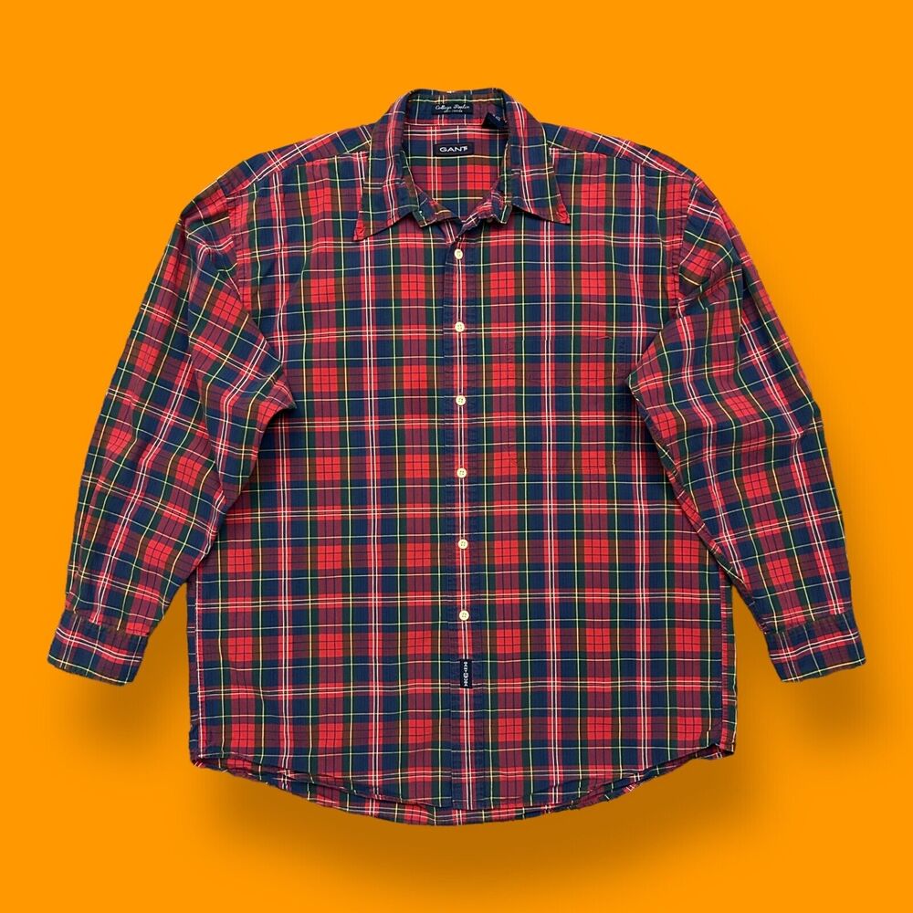 Vintage Plaid Shirt College Poplin Long Sleeve Button Up Cotton Flannel Red